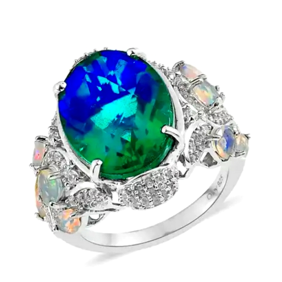 D'joy Jewelry - Peacock Quartz and Ethiopian Opal Ring in Platinum Over Sterling Silver